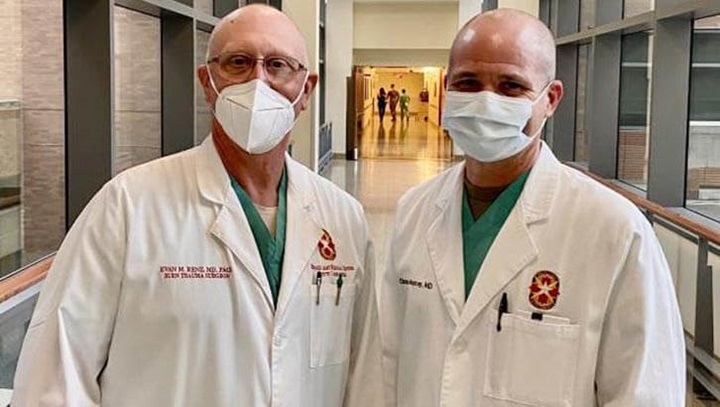 File photo of U.S. Army Brig. Gen. Clinton Murray (right), Brooke Army Medical Center commanding general and an infectious disease physician, and Dr. Evan Renz, deputy to the commander for quality and safety and a general surgeon.
