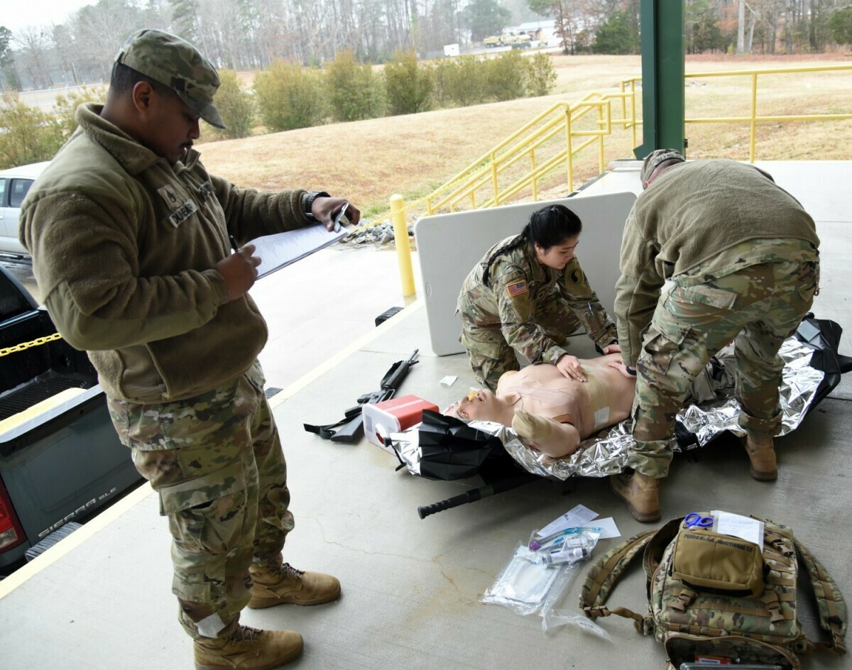 Virginia National Guard Soldiers conduct combat medic certification during refresher training.
