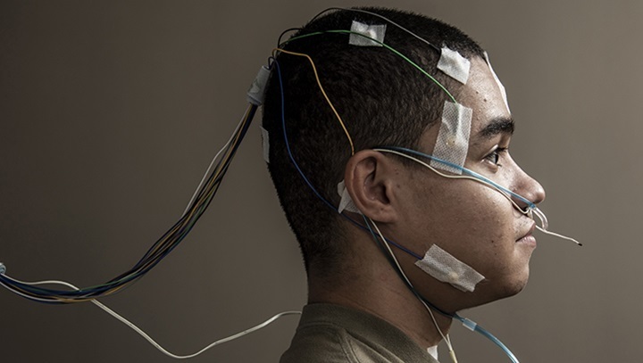  Airman 1st Class Austin Starks, 59th Medical Specialty Squadron health service management journeyman, prepares for a sleep study at the San Antonio Market Sleep Disorders Center at Wilford Hall Ambulatory Surgical Center, Joint Base San Antonio-Lackland, Texas, Aug. 31, 2022.